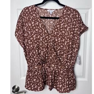 Nine West Peplum Short Sleeve V-Neck Animal Print Brown Pink Women's Size Large
